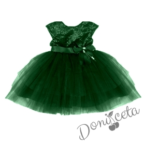 Официална детска рокля в тъмнозелено от пайети и тюл на пластове с панделка за коса