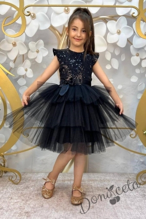 Детска официална рокля Кара в тъмносиньо от пайети и тюл на пластове с панделка за коса