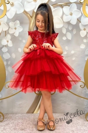Детска официална рокля Кара в червено от пайети и тюл на пластове с панделка за коса