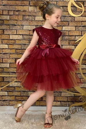 Детска официална рокля в бордо от пайети и тюл на пластове с панделка за коса