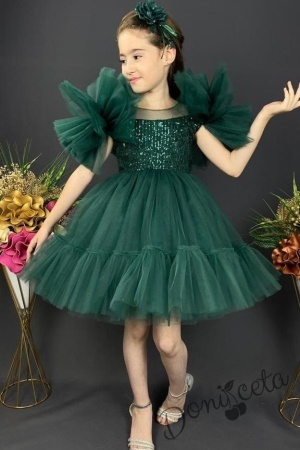 Официална детска рокля с  тюл и пайети с помпони в зелено и панделка за коса