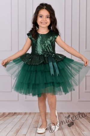 Детска официална рокля в тъмнозелено от пайети и тюл на пластове Валериа