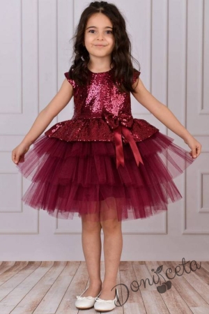 Детска официална рокля в бордо от пайети и тюл на пластове Валериа
