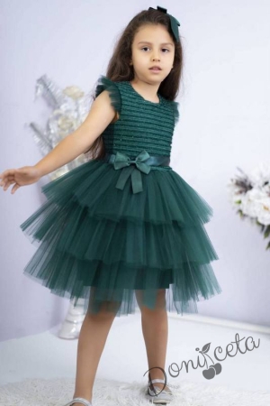 Официална детска рокля в зелено и тюл на пластове  с панделка за коса Алис