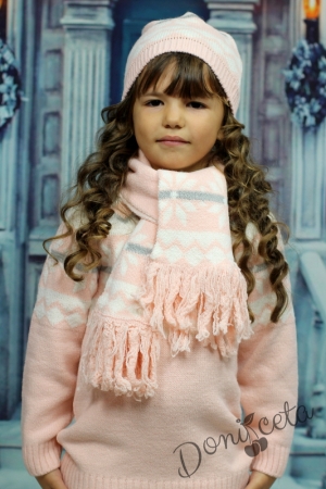 Детска плетена рокля в розово с шапка и шал 1