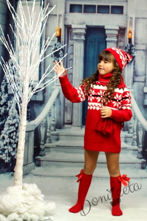 Детска плетена зимна рокля в червено с шапка и шал