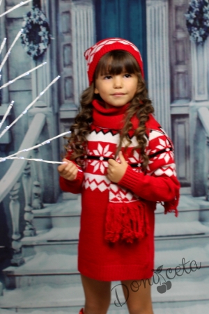Детска плетена зимна рокля в червено с шапка и шал 6