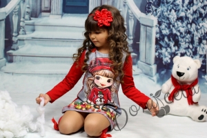 Коледна детска права рокличка с дълъг ръкав с картинка на момиченце
