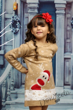 Коледна детска рокля  с еленче в бежово 584578
