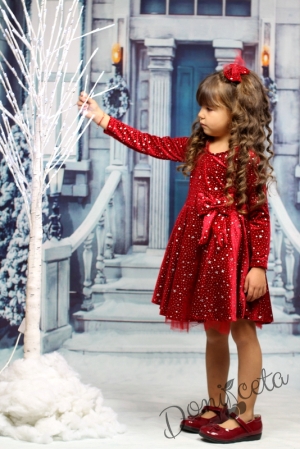 Детска рокля в червено с дълъг ръкав със звездички с панделка 2