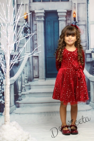 Детска рокля в червено с дълъг ръкав със звездички с панделка 3