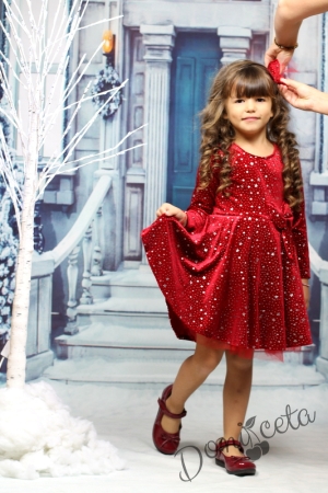 Детска рокля в червено с дълъг ръкав със звездички с панделка 4