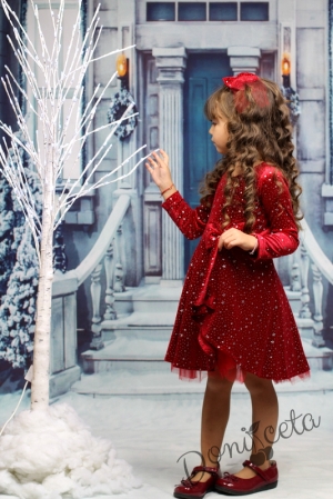Детска рокля в червено с дълъг ръкав със звездички с панделка 5