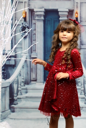 Детска рокля в червено с дълъг ръкав със звездички с панделка 6