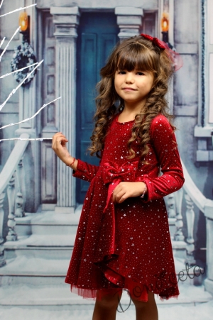 Детска рокля в червено с дълъг ръкав със звездички с панделка 7