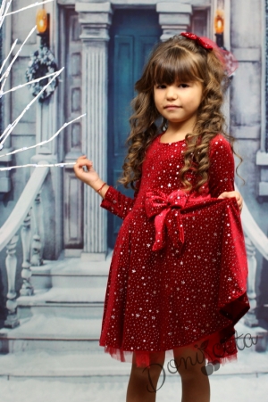 Детска рокля в червено с дълъг ръкав със звездички с панделка 8