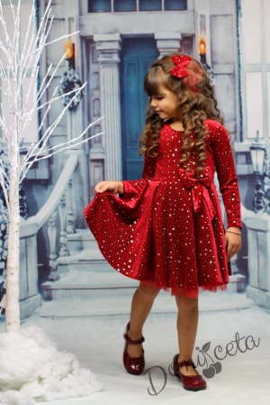 Детска рокля в червено с дълъг ръкав със звездички с панделка 9