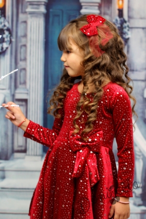 Детска рокля в червено с дълъг ръкав със звездички с панделка 10