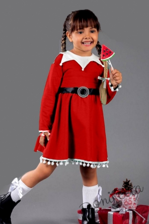 Детска коледна рокля в червено с дълъг ръкав и коланче