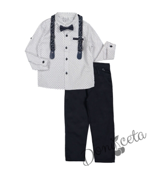 Комплект за момче от риза в бяло, папионка на точки с тиранти и панталони в тъмносиньо