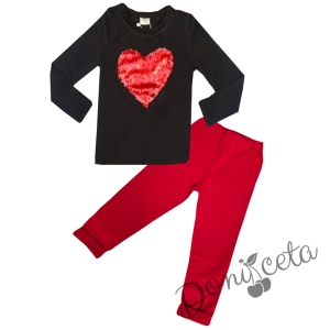 Комплект от панталон в червено и блуза в черно със сърце