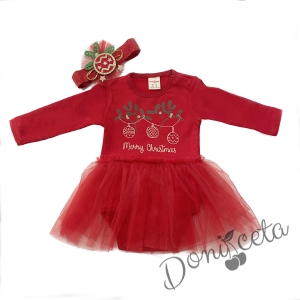 Детска коледна боди-рокля в червено с тюл и надпис "Весела Коледа" 