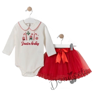 Коледен бебшки комплект от боди в бяло и пола в червено