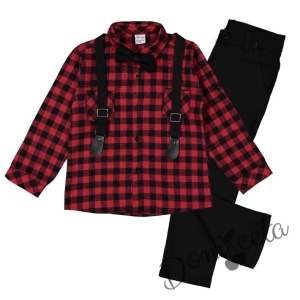 Комплект за момче от плътна риза на каре в червено, тиранти, папийонка и панталони в черно 