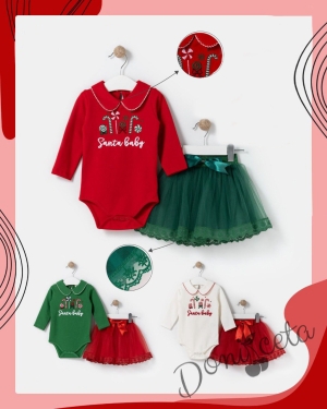 Коледен бебшки комплект от боди в бяло и пола в червено