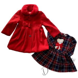 Комплект от палто в червено и карирана рокля