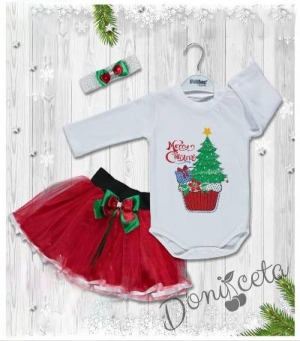 Коледен комплект от боди в бяло с елха, пола в червено и лента за коса