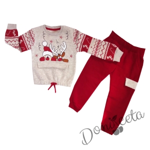 Коледен ватиран комплект от блуза  в екрю с Дядо Коледа и еленче и панталон в червено