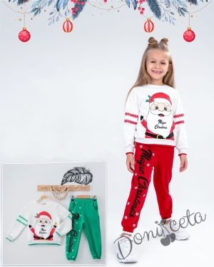 Коледен комплект от блуза  в бяло с дядо Коледа и панталони в червено за момиче