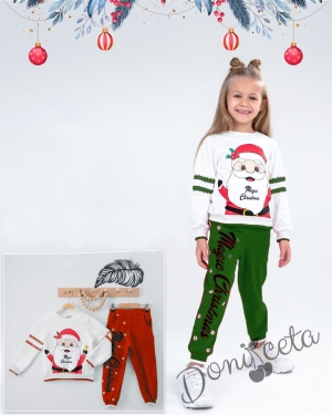 Коледен комплект от блуза  в бяло с дядо Коледа и панталони в зелено за момиче