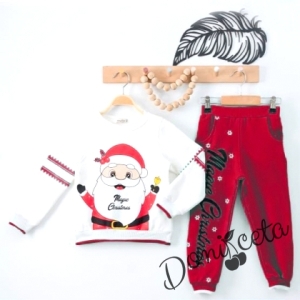 Коледен комплект от блуза  в бяло с дядо Коледа и панталони в червено