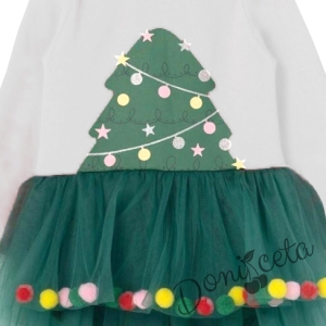 Коледна бебешка рокля в бяло с елха и зелен тюл