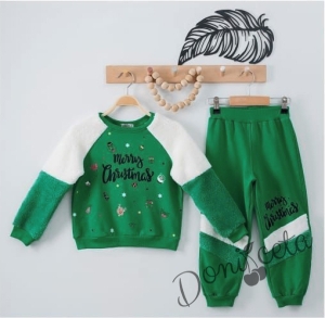 Коледен комплект от блуза  в бяло с дядо Коледа и панталони в зелено 