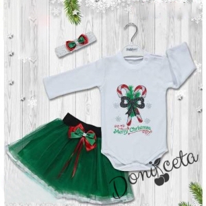 Коледен комплект от боди в бяло, пола в зелено и лента за коса