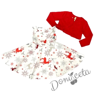Коледна рокля в бяло със снежинки и елени и болеро в червено