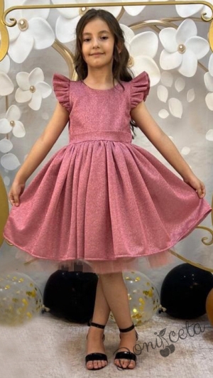Официална детска рокля  в пепел от рози с блясък и панделка
