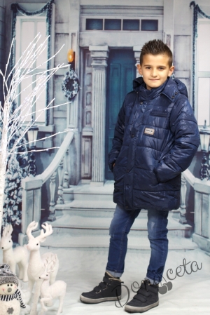 Детско зимно яке за момче в тъмносиньо с джобове и с качулка