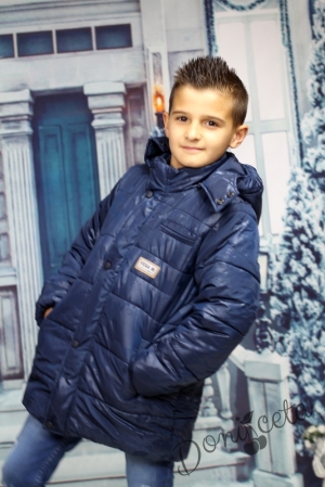 Детско зимно яке за момче в тъмносиньо с джобове и с качулка4