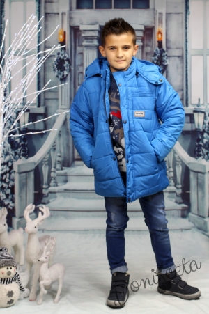Детско зимно яке за момче в светлосиньо с джобове и с качулка 1