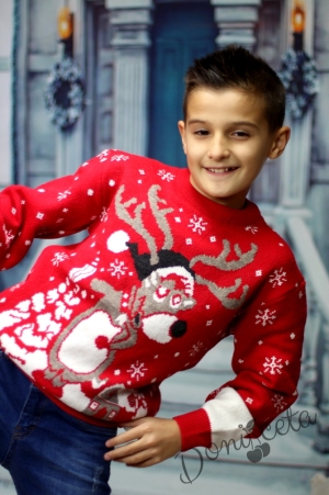 Детски  коледен пуловер в червено с еленче7