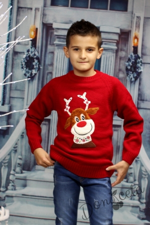 Детски коледен пуловер в червено с еленче1 