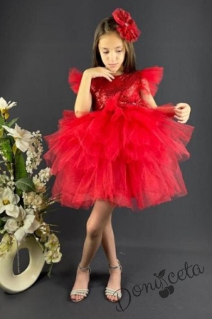 Официална детска рокля в червено от пайети и тюл на пластове с панделка за коса