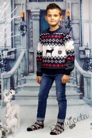 Knitted Christmas sweater in blue with a snowman