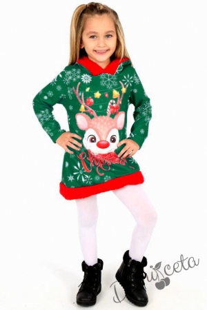 Коледна детска рокля в зелено с елен и качулка 2