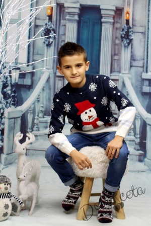 Детски коледен пуловер в тъмносиньо и бяло за момче 786458