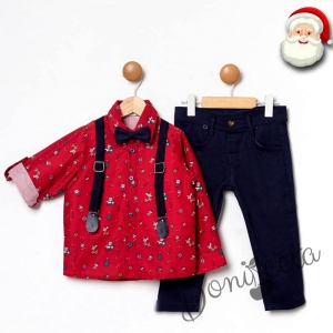 Коледен комплект за момче от риза в червено и панталони в тъмносиньо с тиранти и папийонка 1